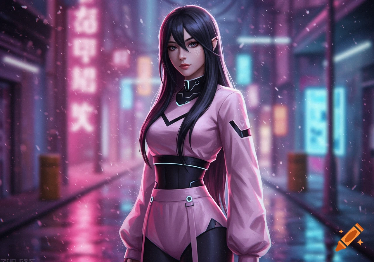 An anime-style woman with black hair, pointed ears, and pink and black futuristic clothing stands in a neon-lit, snowy cyberpunk city alley.