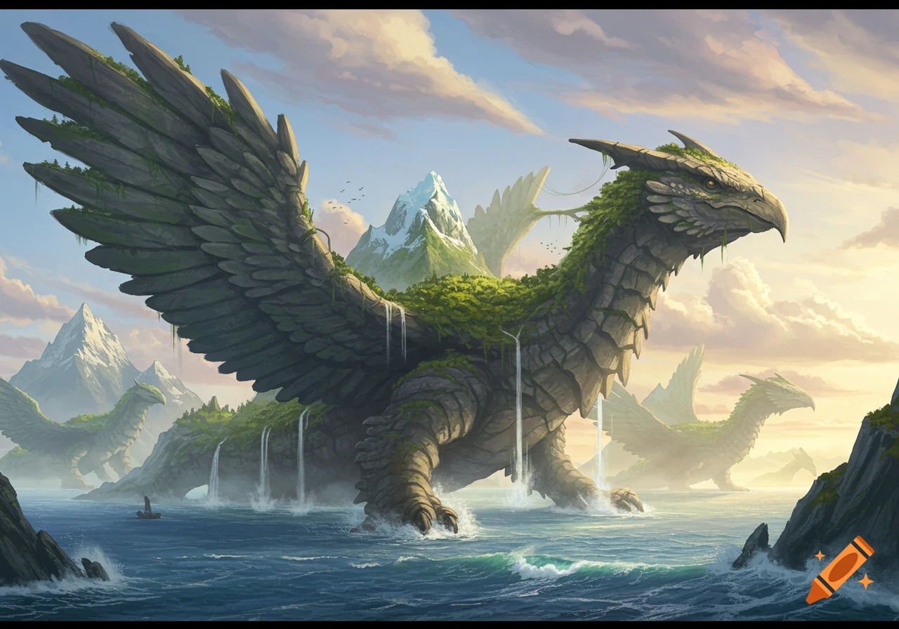 Colossal moss-covered rock creatures resembling winged island monsters emerge from a vast ocean under a cloudy sky, with snowy mountains in the distance.