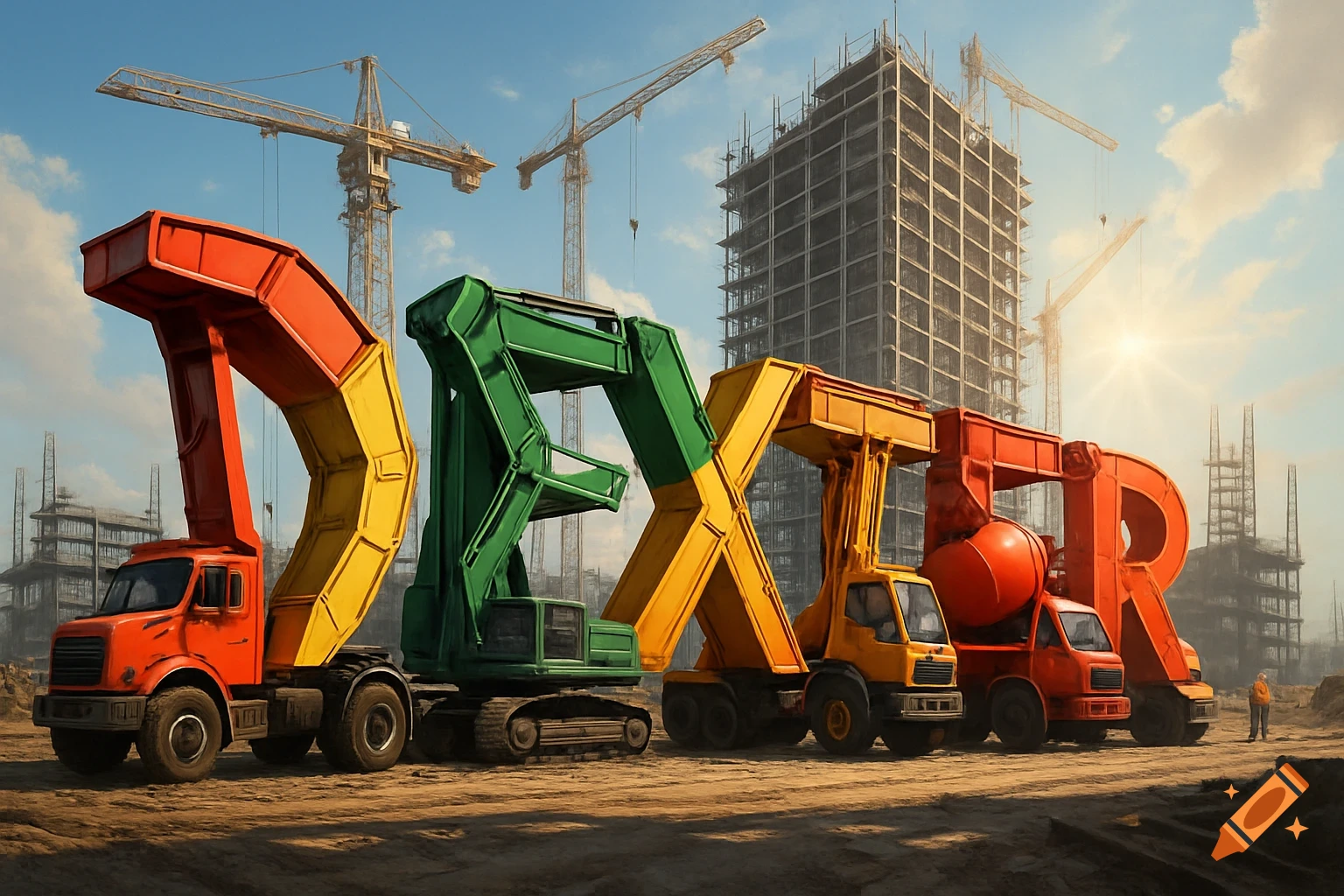 Photorealistic image of colorful construction vehicles spelling 'DEXTER' at a sunny building site with cranes.