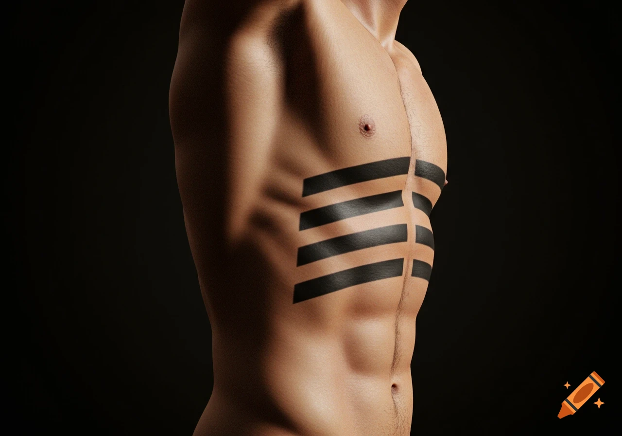 Photorealistic close-up of a muscular male torso with five thick, black, parallel stripe tattoos on the ribs, against a dark background.