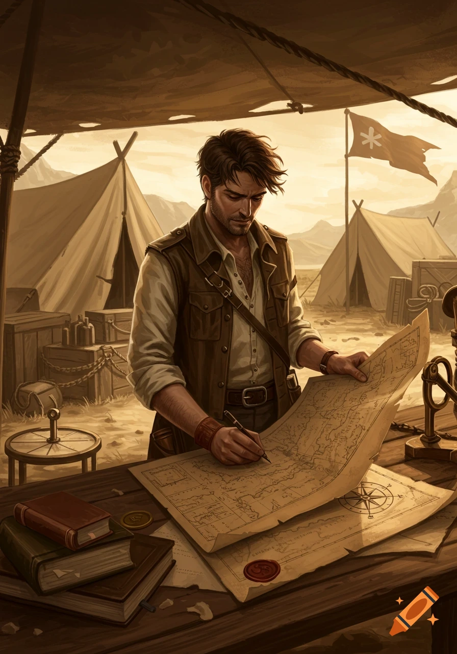 A man in explorer's attire writes on a map at a table in a desert camp with tents and a flag.