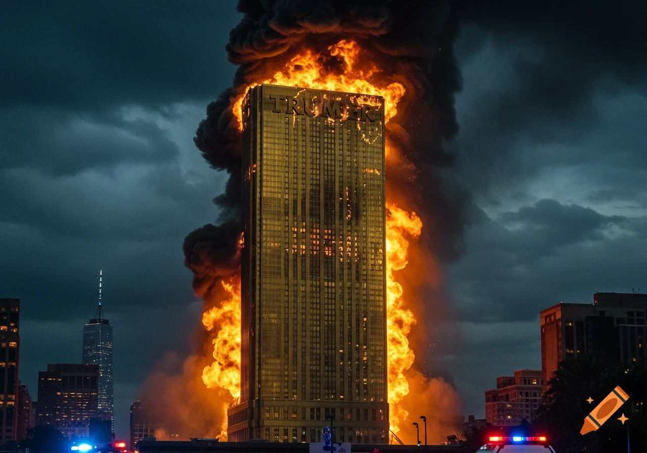 Photorealistic image of Trump Tower engulfed in massive flames and thick smoke under a dark, cloudy sky, with emergency vehicle lights below.