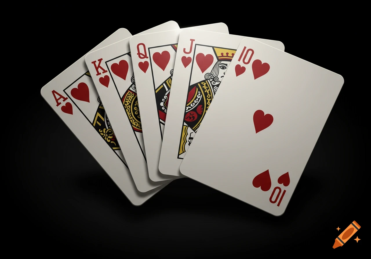 A royal flush in hearts, consisting of the Ace, King, Queen, Jack, and Ten, fanned out against a black background.