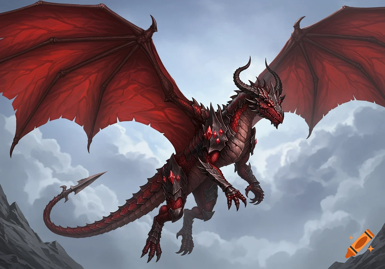 A powerful red and black armored dragon with large red wings flies through a cloudy sky above dark mountain peaks.