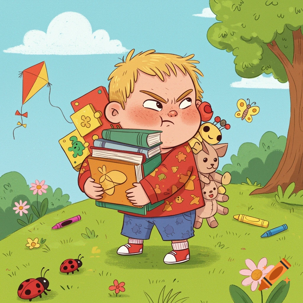 A grumpy blond child carries a large stack of books and toys in a bright cartoon outdoor setting with ladybugs and a kite.