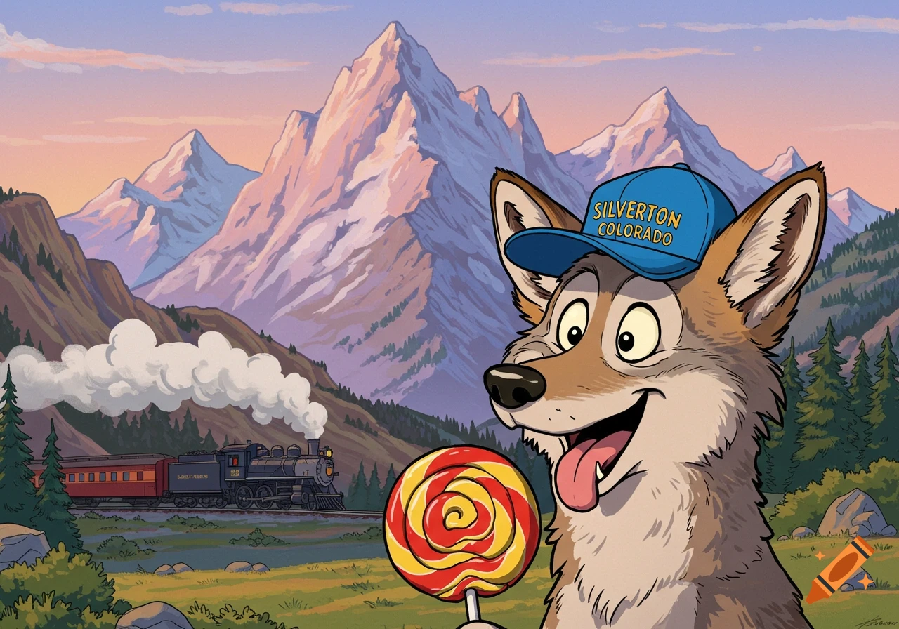 A smiling cartoon coyote in a blue 'SILVERTON COLORADO' hat licks a lollipop against a backdrop of mountains and a steam train.