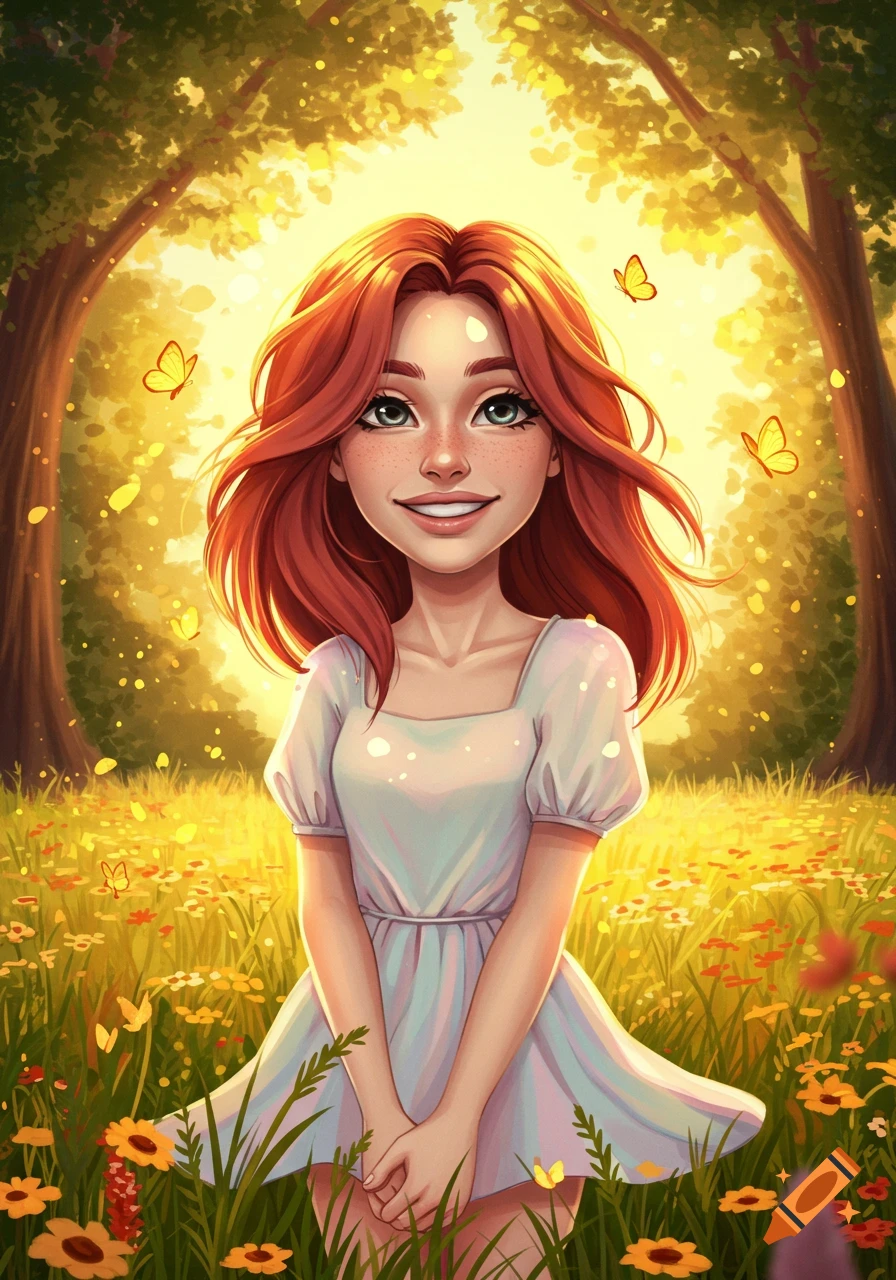 A cheerful cartoon woman with red hair and freckles stands in a sunlit forest clearing filled with yellow flowers and butterflies.