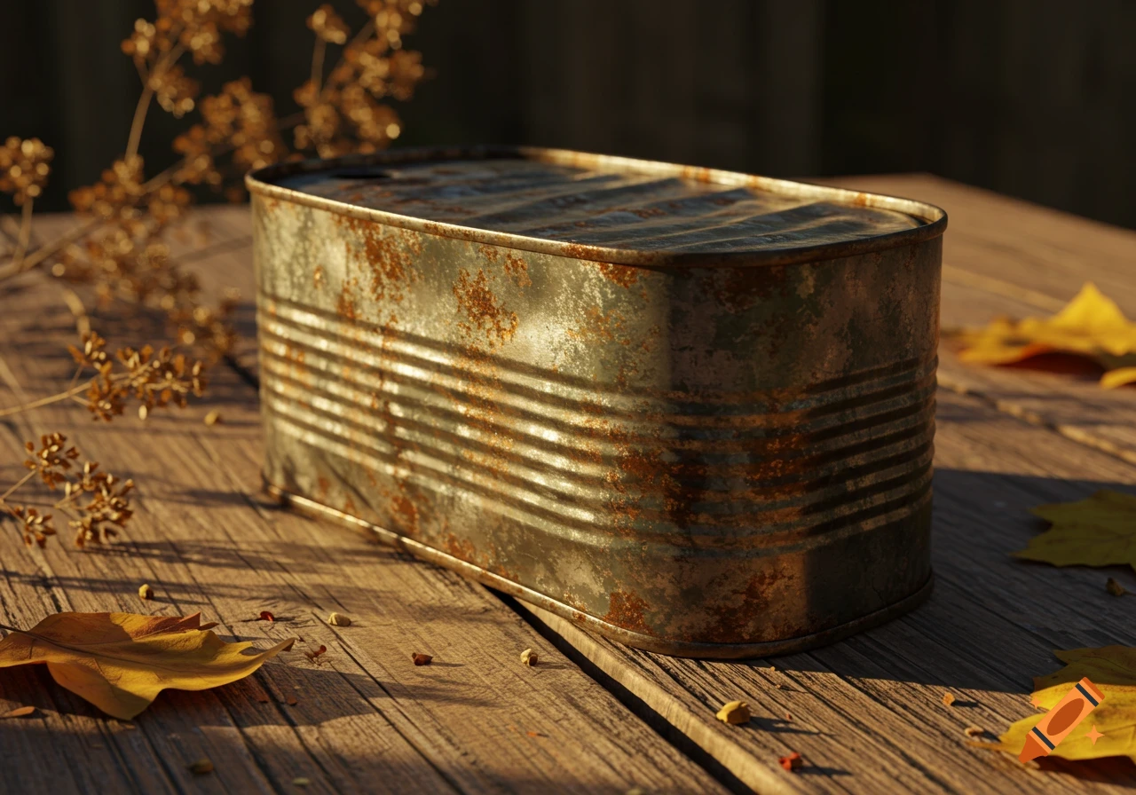 Photorealistic close-up of a rusty tin can on a wooden table with autumn leaves, bathed in warm light.