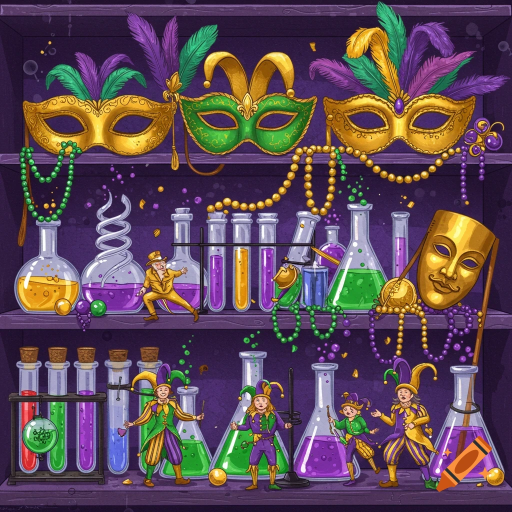 Cartoon chemistry lab shelves filled with Mardi Gras masks, colorful beads, beakers, test tubes, and tiny jester-costumed figures.