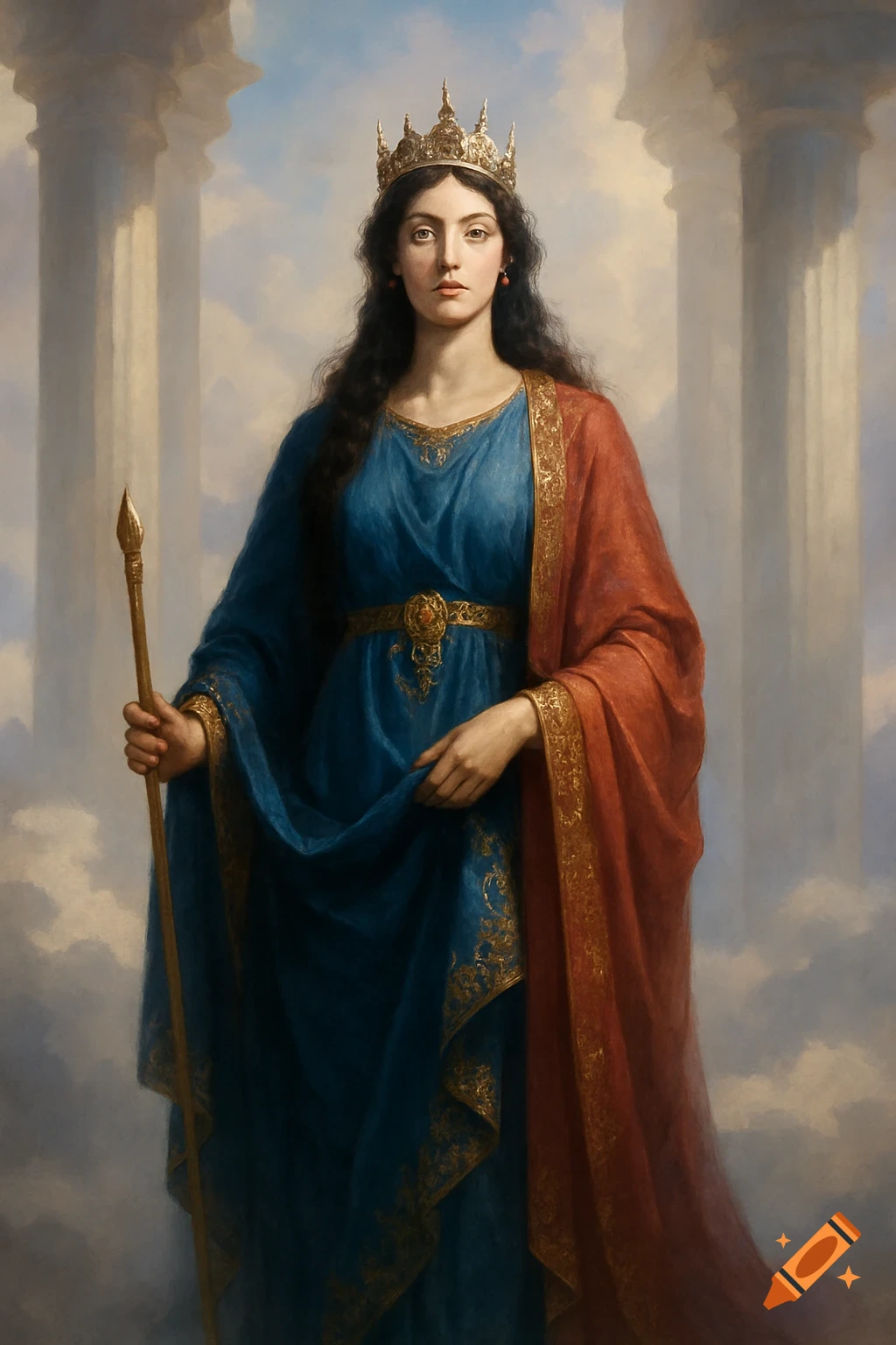 A queen in a golden crown, blue gown, and red cloak holds a staff, standing between classical pillars in a detailed painting.