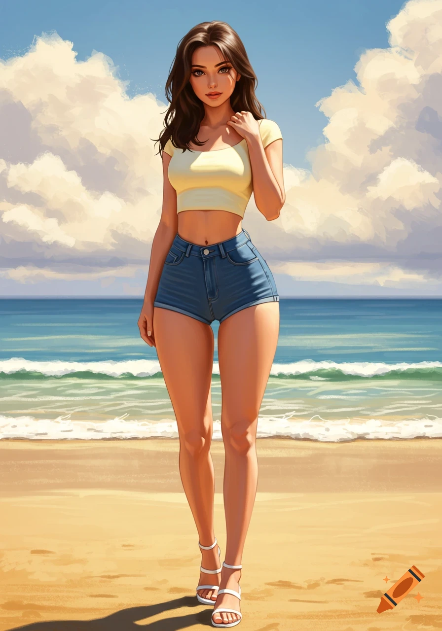 A beautiful young woman in a yellow crop top, denim shorts, and white sandals stands on a sandy beach by the ocean, digital art.