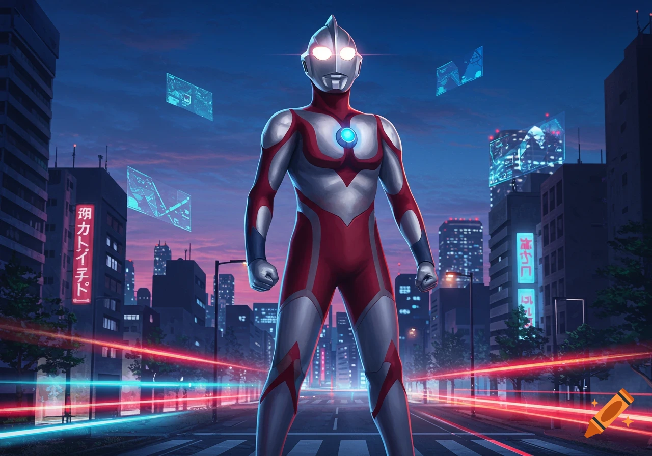 Ultraman stands in a futuristic city at dusk, surrounded by neon lights and glowing data displays.