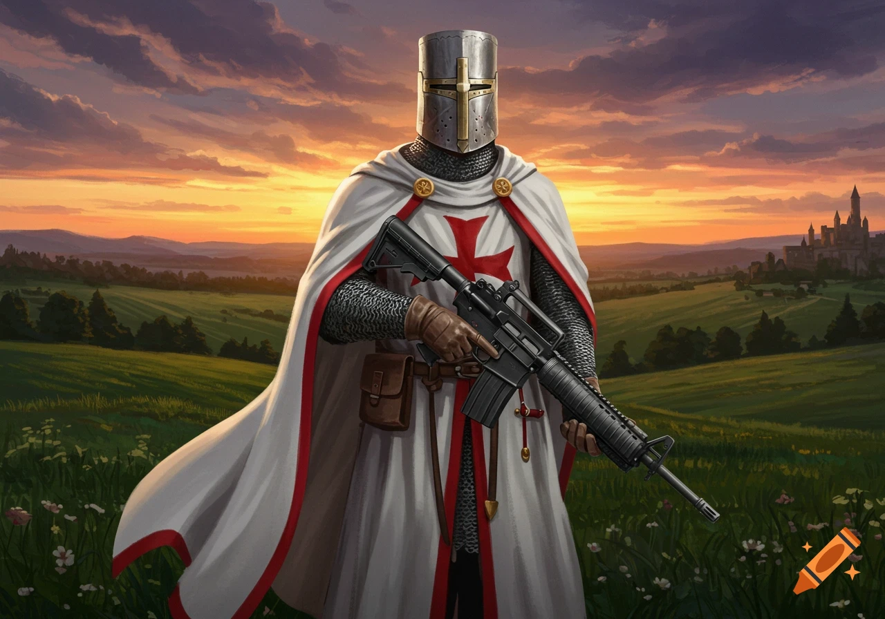 Templar knight in a white cloak and helmet, holding an AR-15 rifle in a grassy field with a castle at sunset, digital painting.