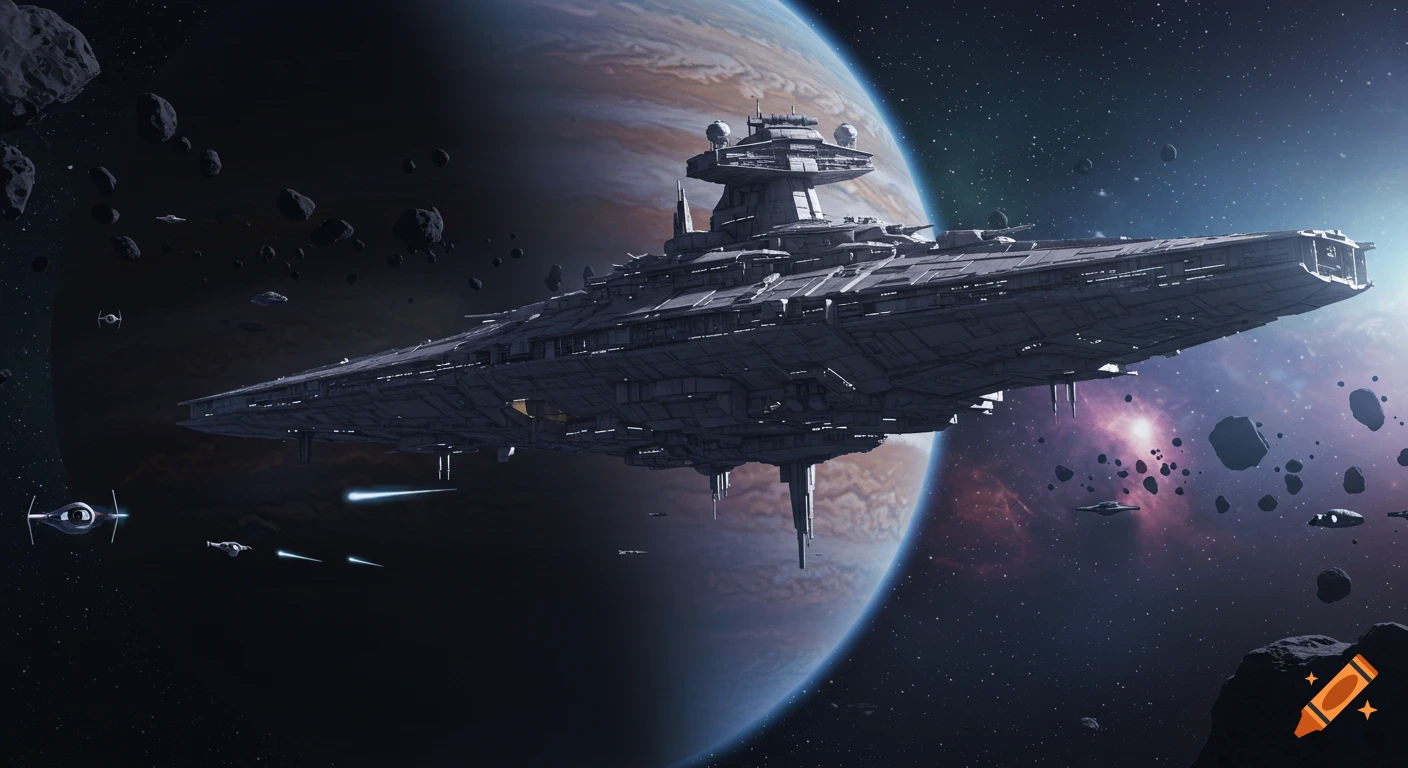 A massive grey spaceship resembling a Star Destroyer flies through space near a planet, surrounded by asteroids and smaller vessels.