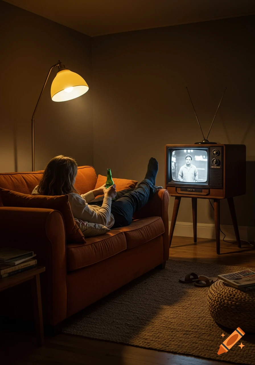 A person lies on an orange couch, holding a green bottle, watching a black and white broadcast on an old-fashioned TV, illuminated by a floor lamp in a dimly lit room.