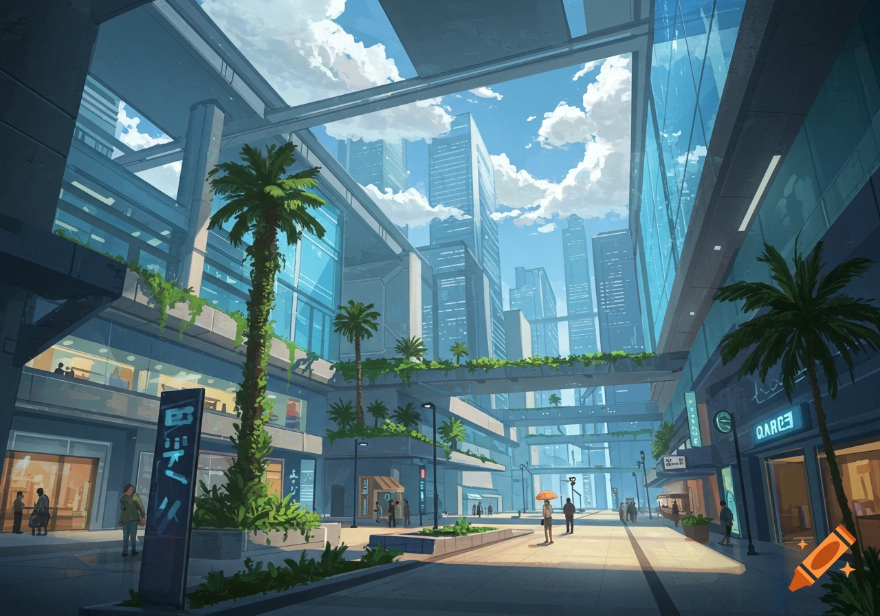 A bright, stylized cityscape featuring modern glass buildings, palm trees, and an open plaza under a blue sky with white clouds.