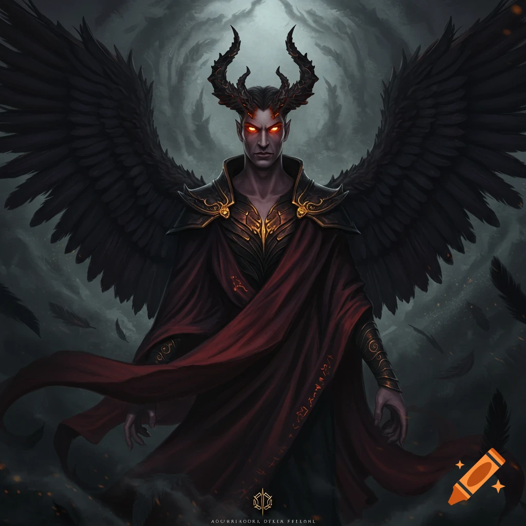 A dark fantasy figure with horns, black wings, glowing red eyes, and a red cloak stands in a misty, ominous scene.