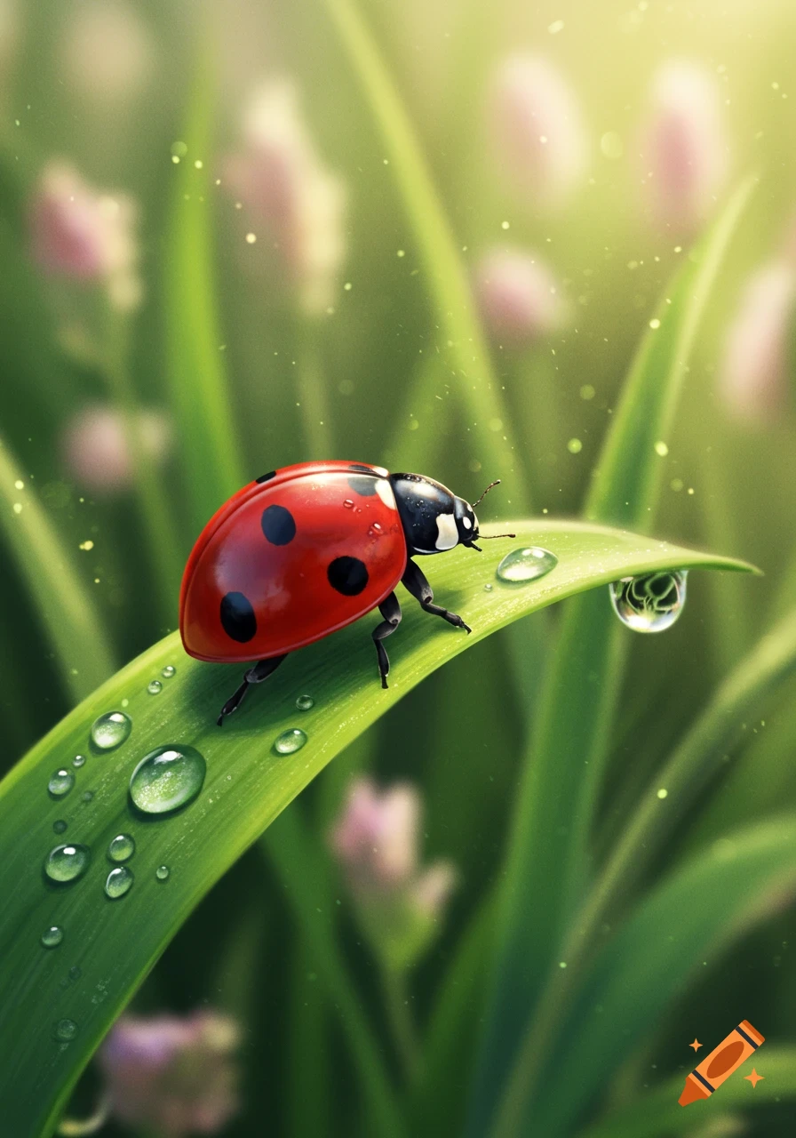 A red ladybug with black spots on a green leaf with water droplets, photorealistic style.