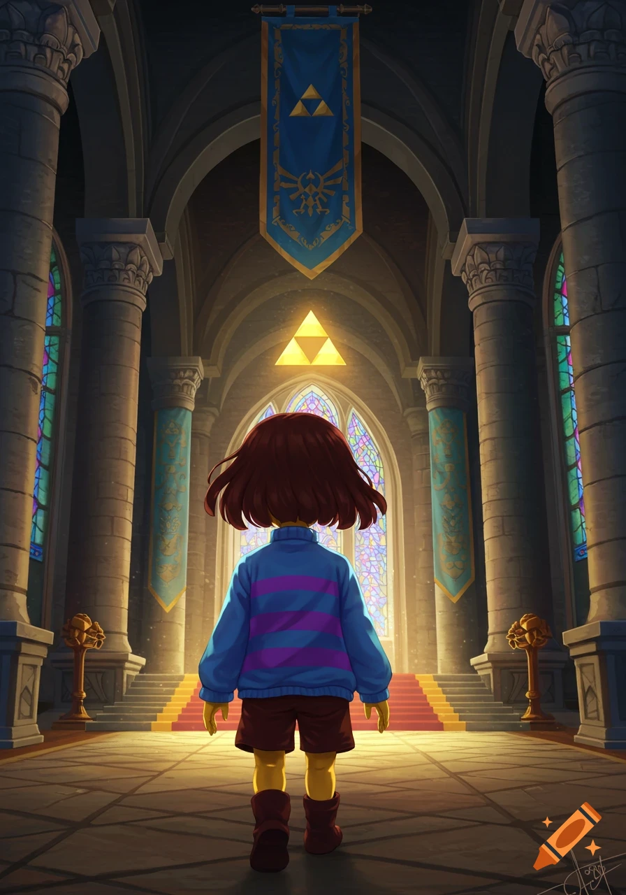 Frisk stands in the grand hall of Hyrule Castle, facing a glowing Triforce symbol, with stained glass windows.