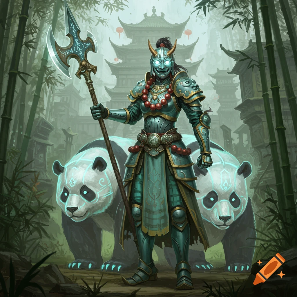 An armored warrior in a turquoise oni mask and ornate armor holds a glowing spear, flanked by two glowing panda spirits in a bamboo forest with a Chinese palace in the background.