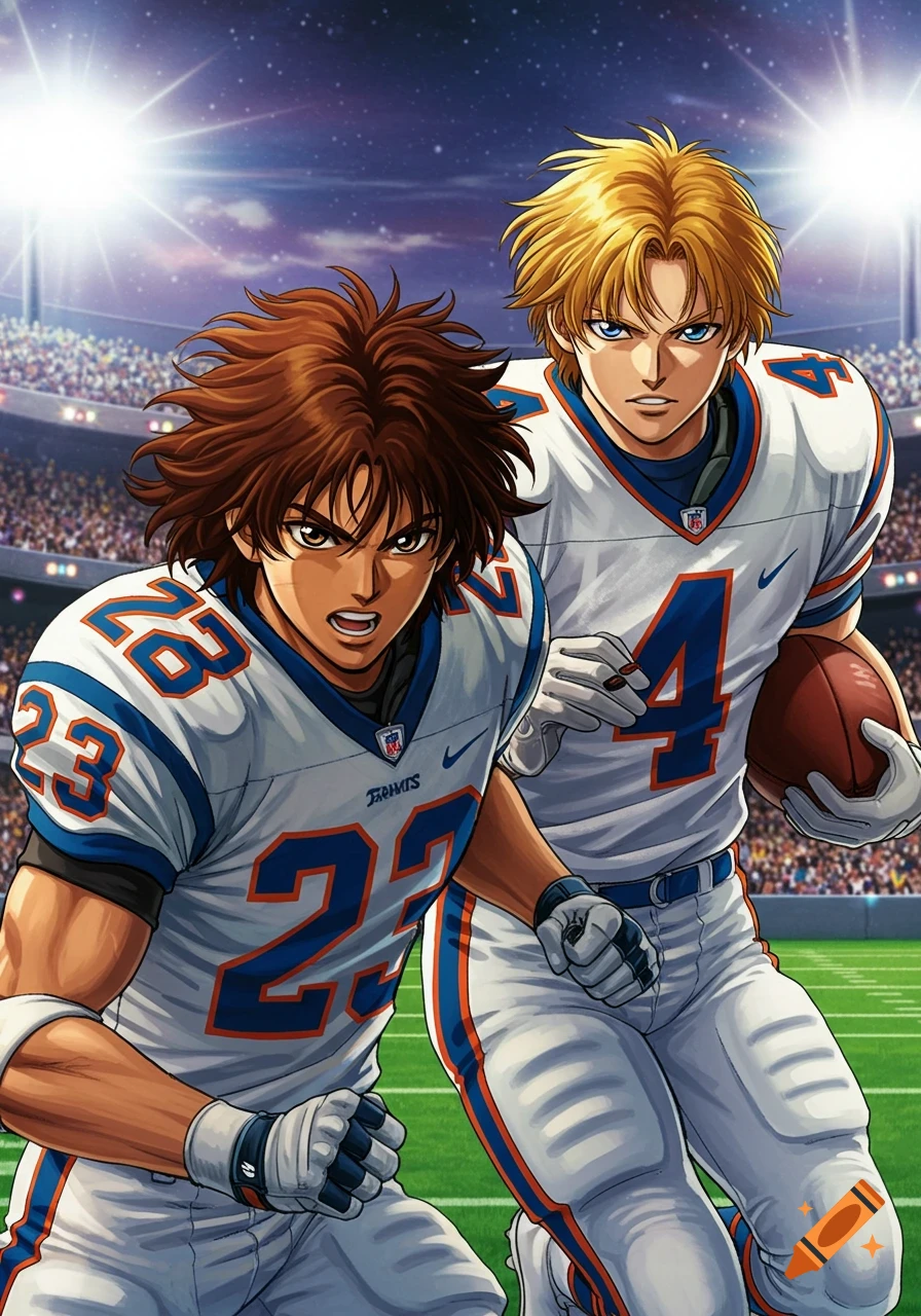Two anime-style American football players in white jerseys, numbers 23 and 4, in a brightly lit stadium.