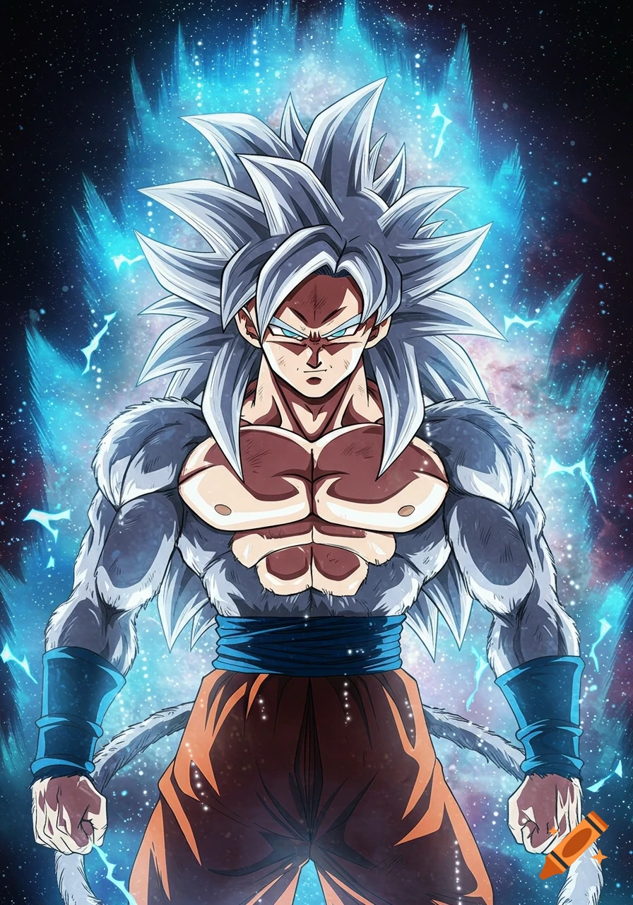 Anime character Goku in a powerful transformation with white spiky hair, fur, and a blue glowing aura.