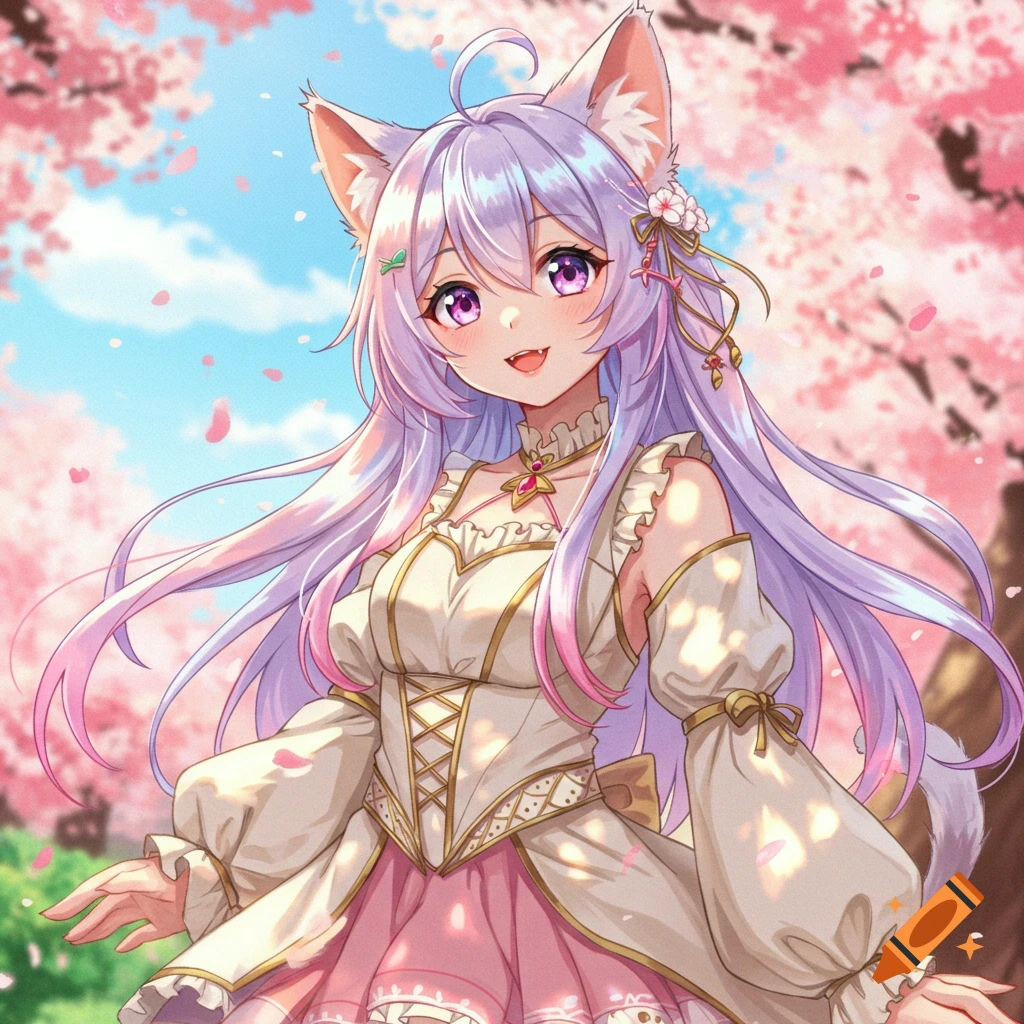 Smiling anime cat girl with purple hair and eyes, wearing a white and pink dress, standing among pink cherry blossoms.