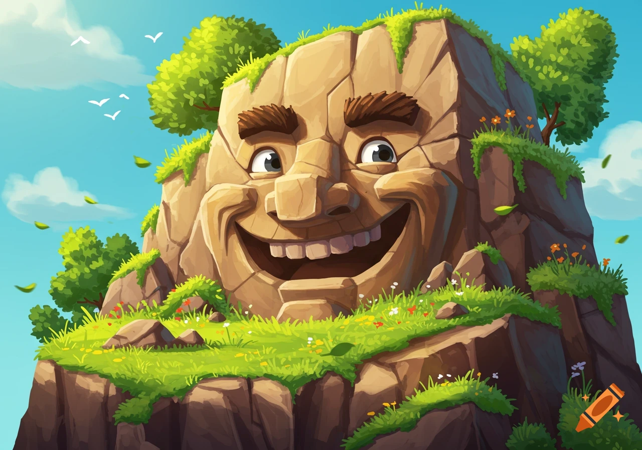 A cartoon cliff face with a big happy smile, green foliage, and a blue sky with birds.