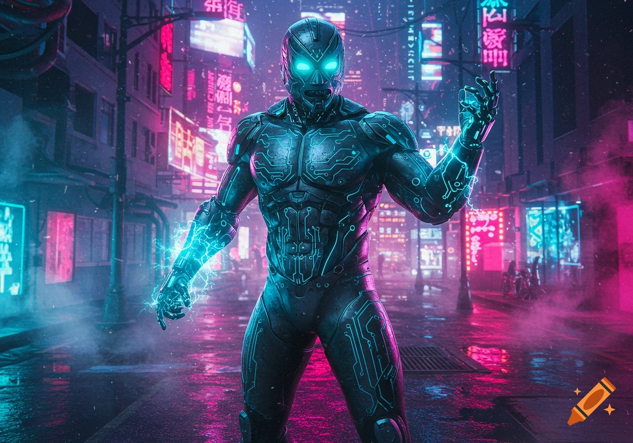 A dark, armored cyborg with glowing blue eyes and electrical energy around its hands stands in a neon-lit cyberpunk street scene.