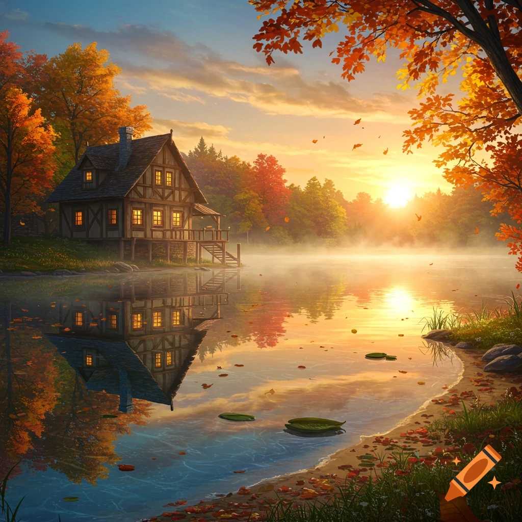 A cozy cottage with glowing windows stands by a misty lake at sunset, surrounded by vibrant orange and red autumn trees.