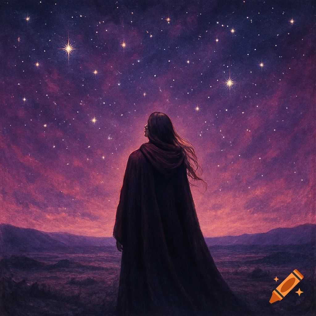 An illustrated scene of a cloaked woman gazing up at a vibrant pink and purple starry night sky over a desolate landscape.