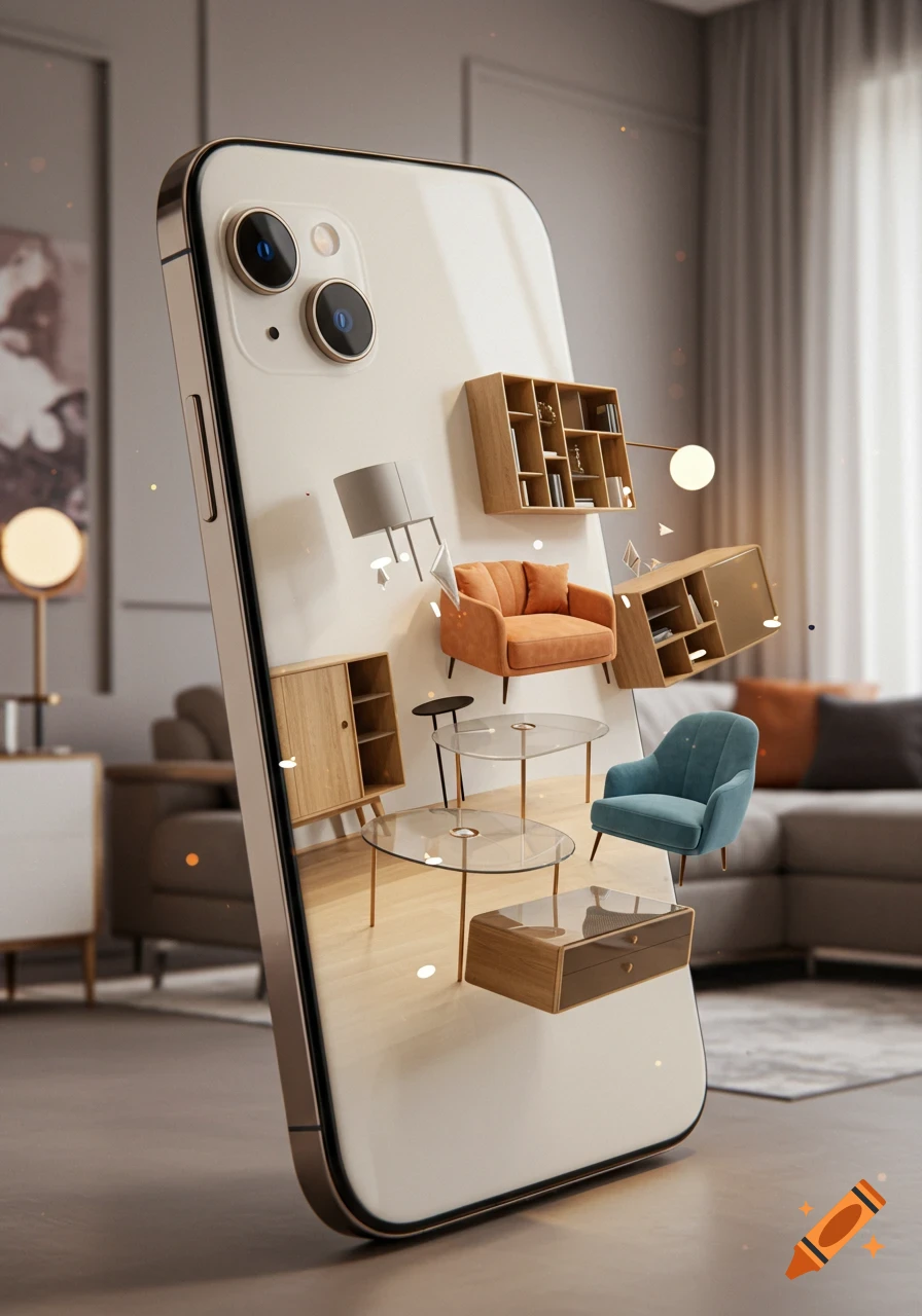 A large iPhone displaying various furniture pieces, including chairs, tables, and shelves, floating as if in augmented reality.