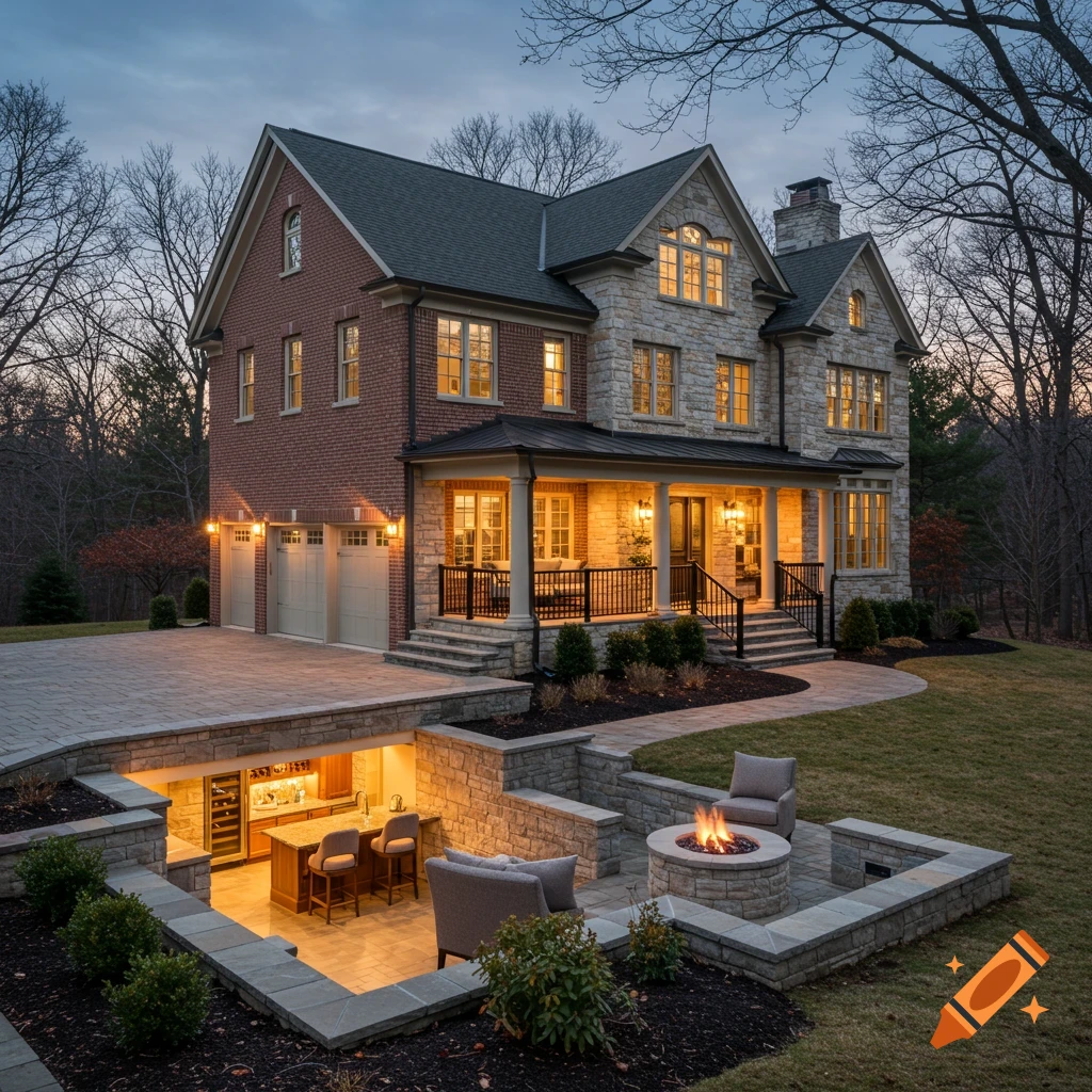A luxurious brick and stone house with a large porch, garage, landscaped yard, and a sunken outdoor bar and fire pit area at dusk.