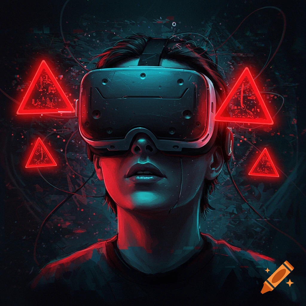 Person wearing a VR headset surrounded by glowing red warning triangles in a dark, stylized cyberpunk setting.