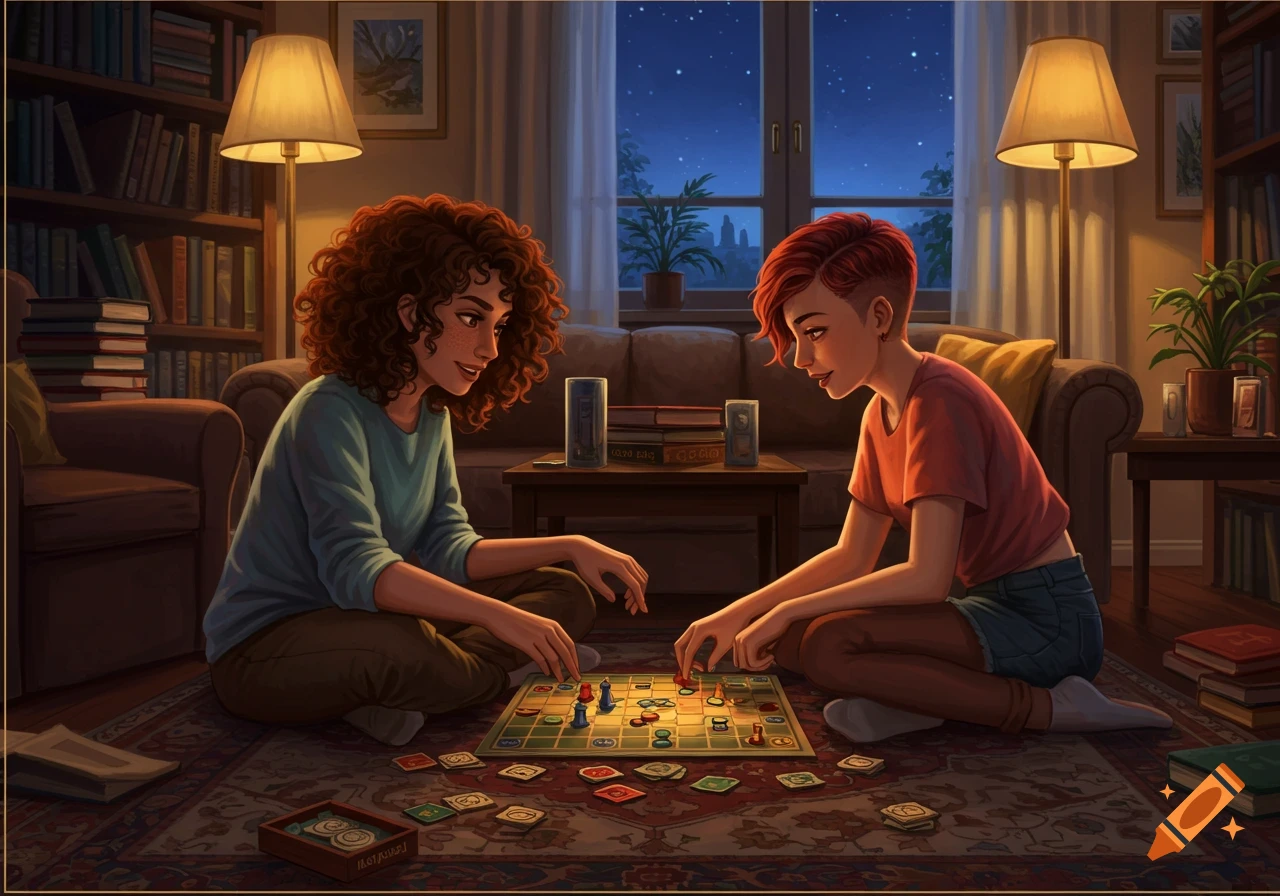 Two illustrated friends with curly and short red hair are playing a board game on a rug in a cozy, dimly lit living room at night.