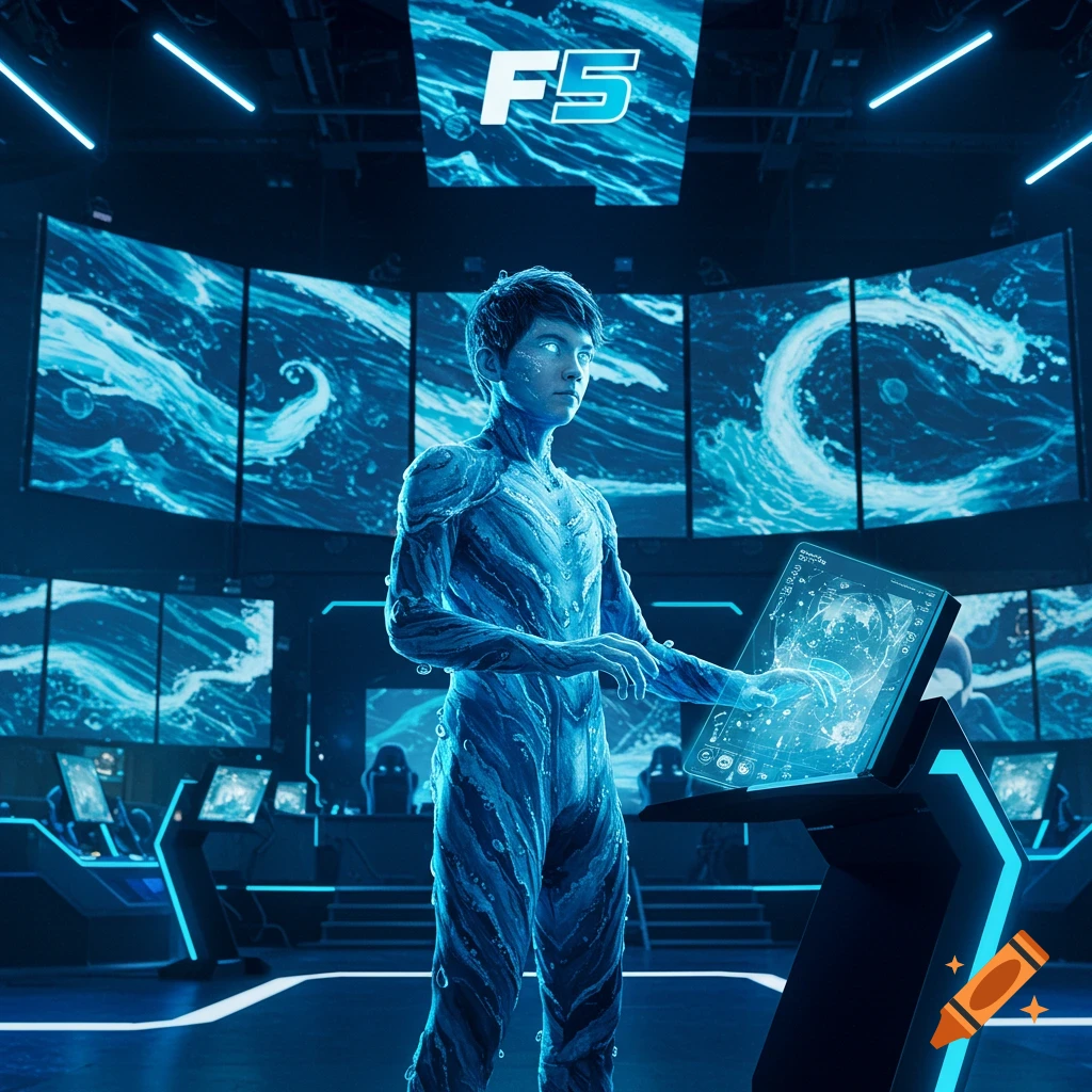 A person in a glowing blue, water-textured suit interacts with a holographic screen in a futuristic control room.
