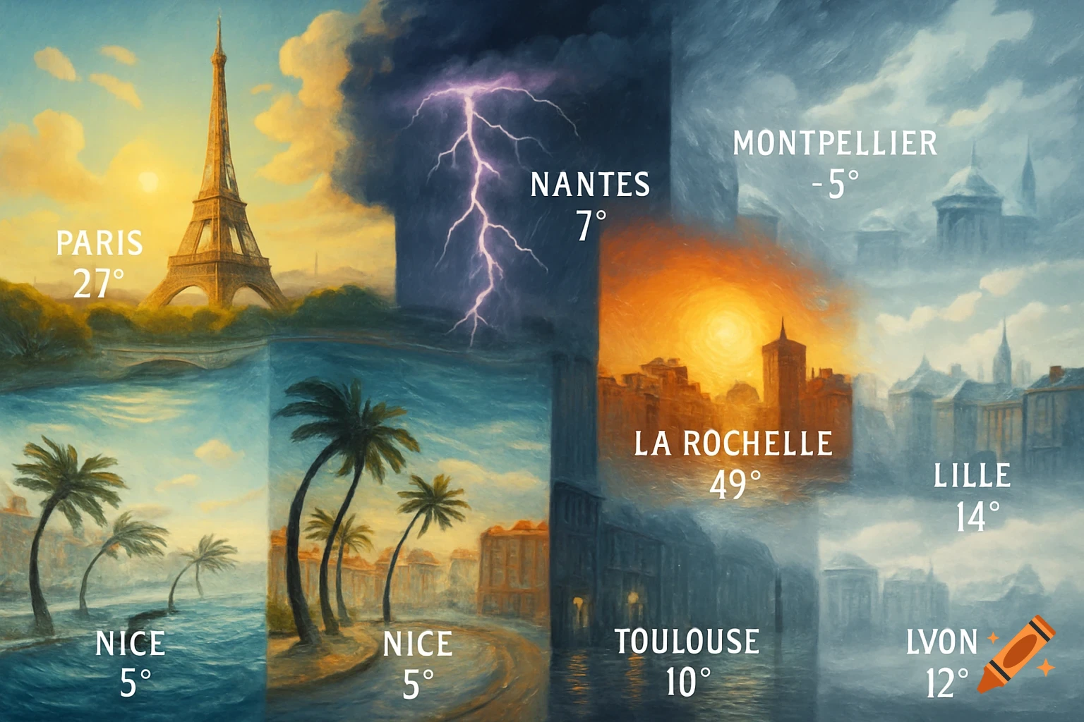 A painted collage showing weather forecasts for various French cities like Paris, Nantes, Nice, La Rochelle, Montpellier, Toulouse, Lyon, and Lille, each with a distinct weather scene and temperature.