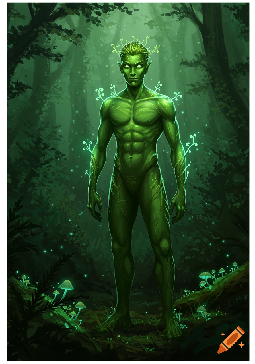 A muscular, green, plant-like man with glowing eyes and vines on his body stands in a dark, glowing fantasy forest.