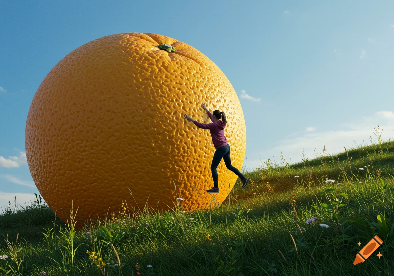 A woman climbs a giant photorealistic orange on a grassy hillside under a clear blue sky.