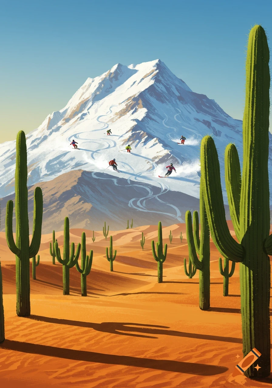 Illustration of a desert with tall cacti in the foreground and a distant snowy mountain with skiers.