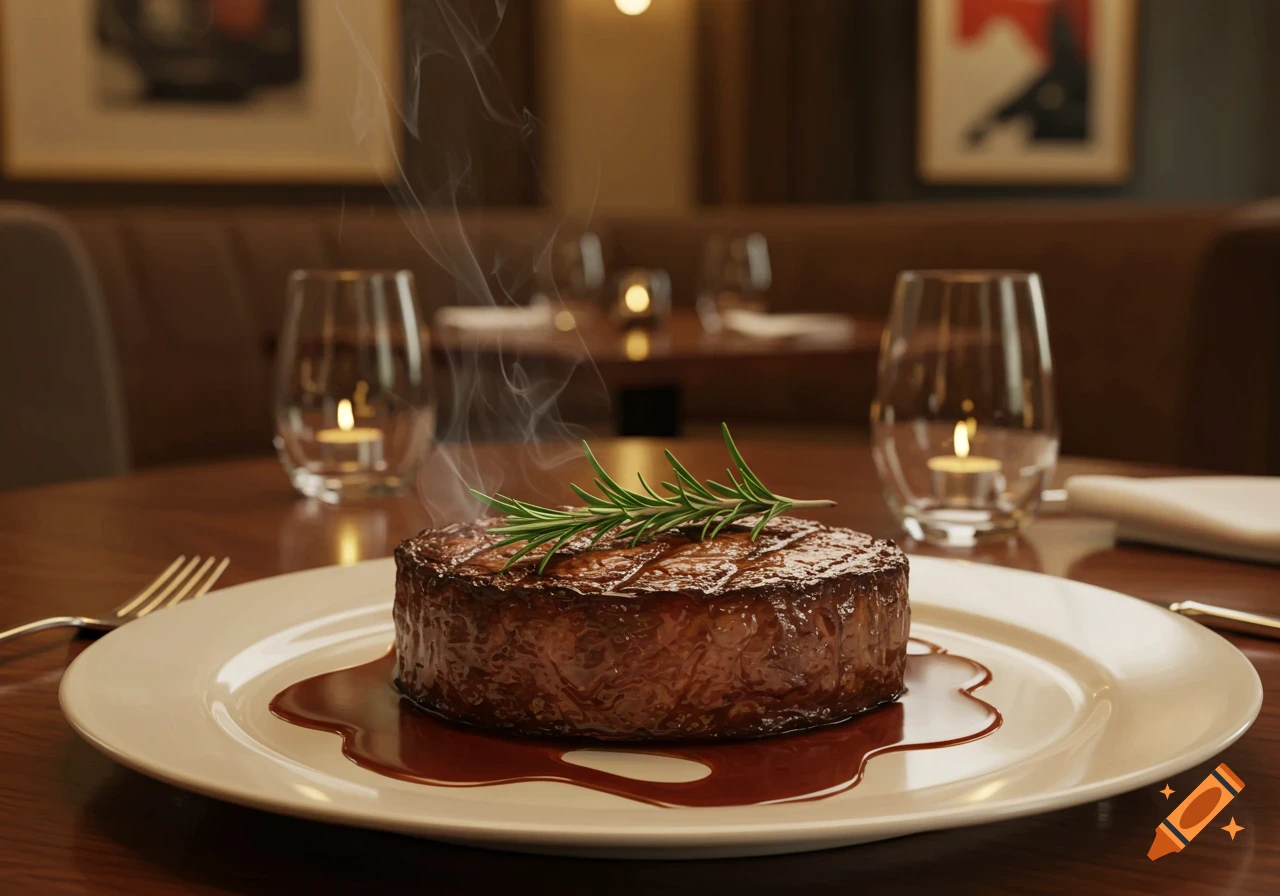 Photorealistic close-up of a steaming steak with rosemary and sauce on a white plate in a dimly lit restaurant.