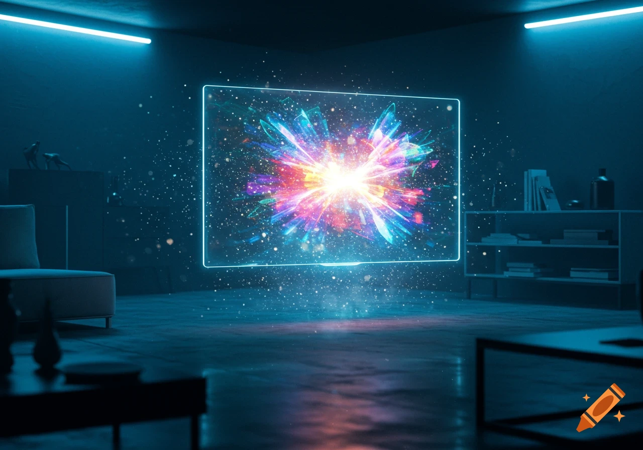Futuristic room with a vibrant holographic TV displaying an abstract explosion of light and particles, illuminated by neon.