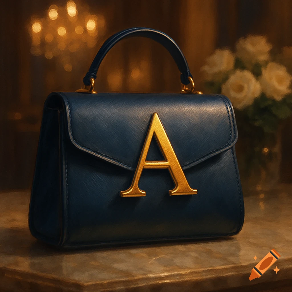 A luxurious dark blue purse with a prominent golden letter "A" on the front, resting on a marble surface with a blurred background.