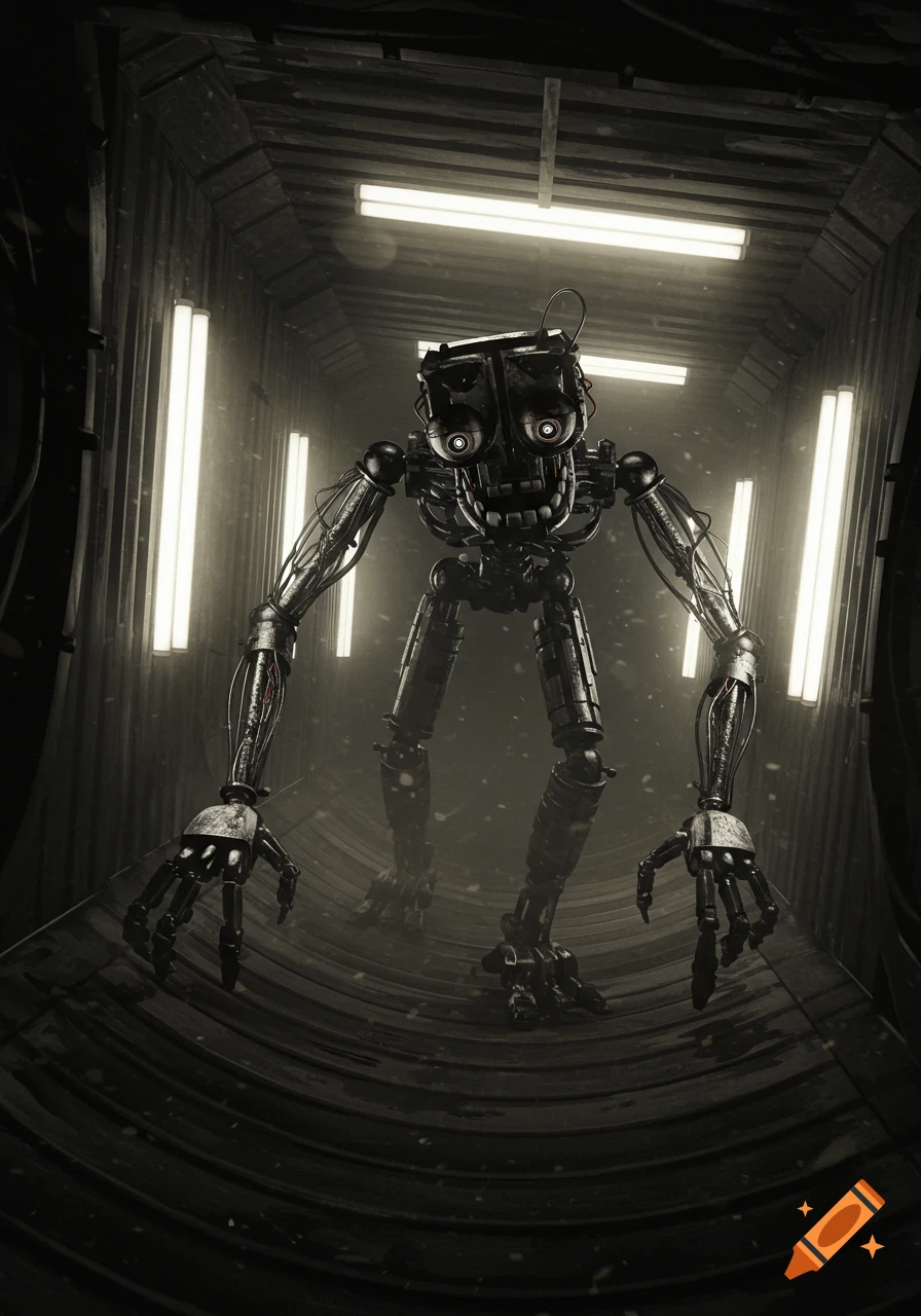 A terrifying, skeletal animatronic robot with glowing eyes stands in a dark, narrow vent lit by fluorescent tubes.
