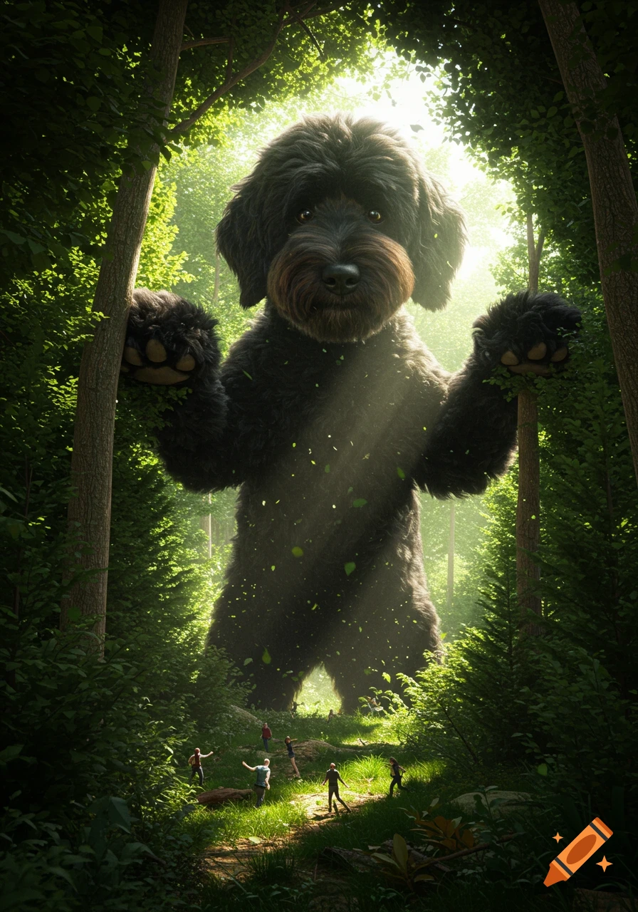 A giant black golden doodle dog looms over a lush forest path, with tiny people running below in dappled sunlight.
