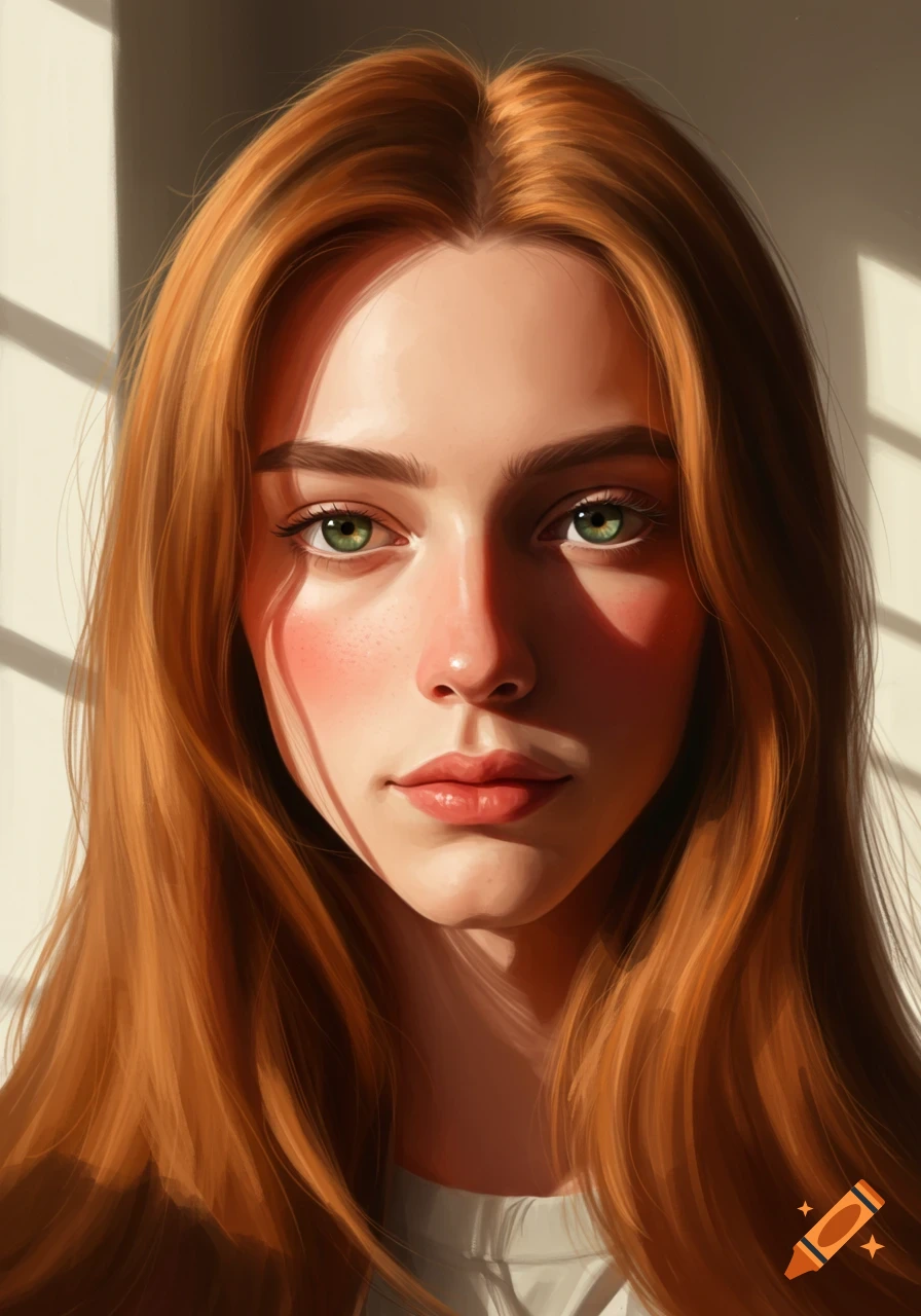 Digital art portrait of a woman with long reddish-brown hair, green eyes, and light pink cheeks, lit by window light.