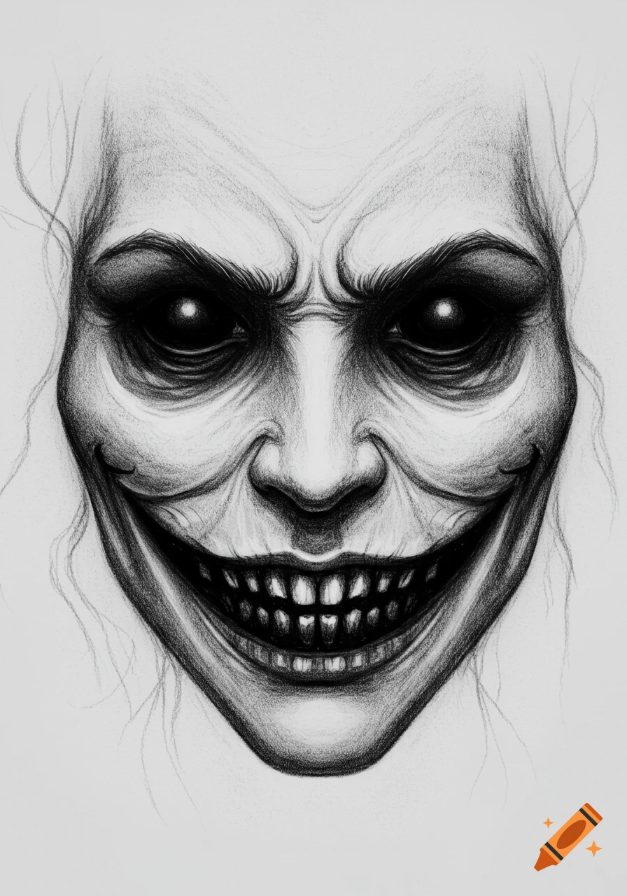 Black and white pencil sketch of a creepy, grinning face with dark eyes.