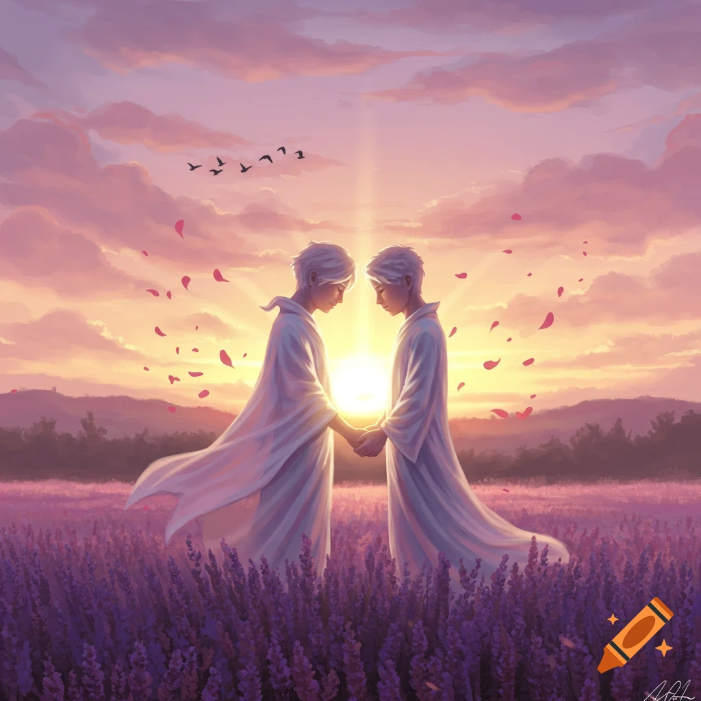 Two figures in flowing white robes hold hands in a vast lavender field under a dramatic sunset sky. Digital painting.