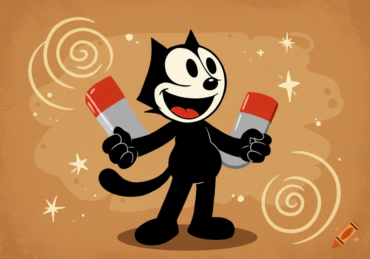 Classic Felix the Cat cartoon, laughing while holding two bar magnets on a textured brown background.