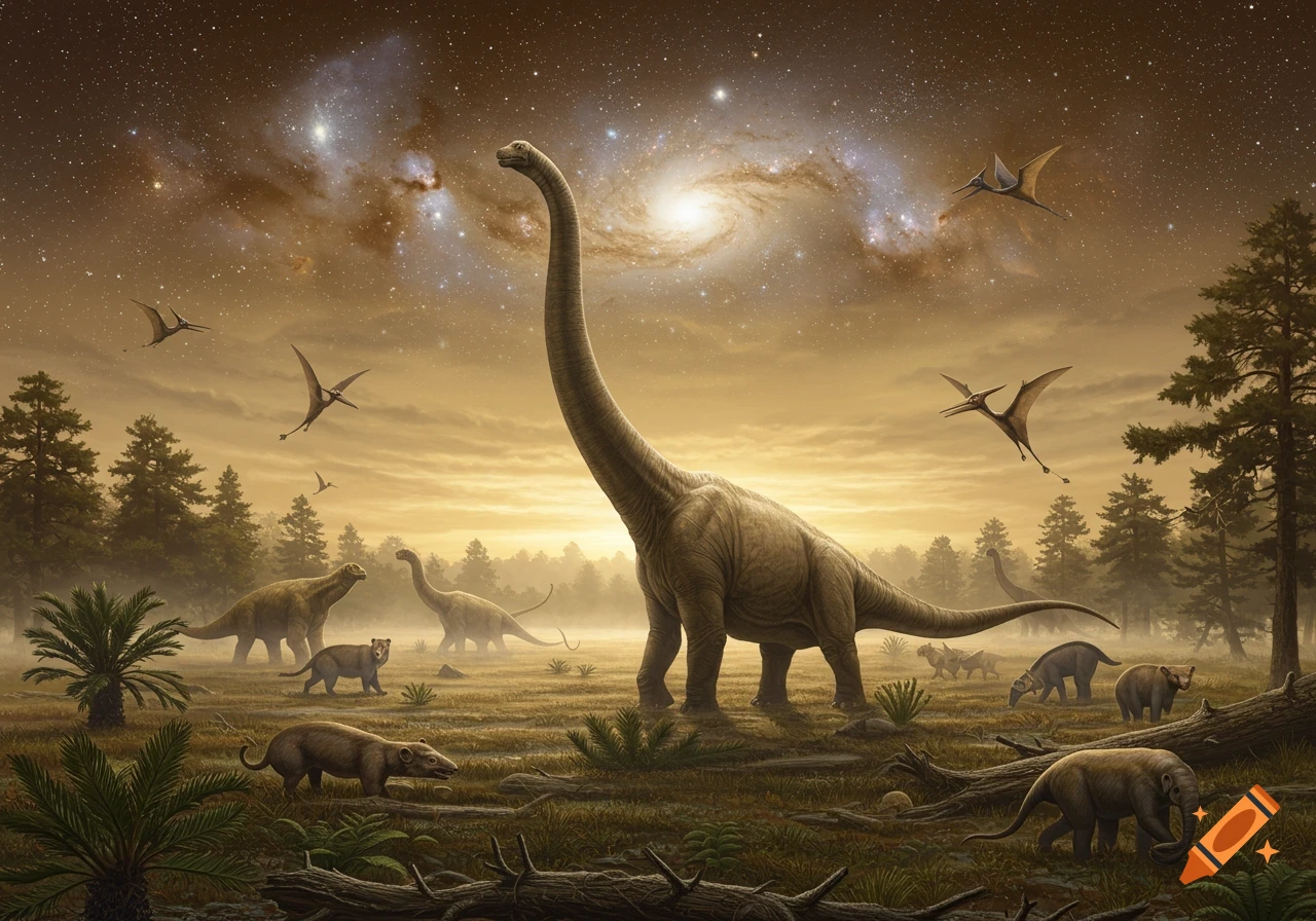 A large long-necked dinosaur and other prehistoric animals in a misty landscape under a star-filled sky with a prominent galaxy.